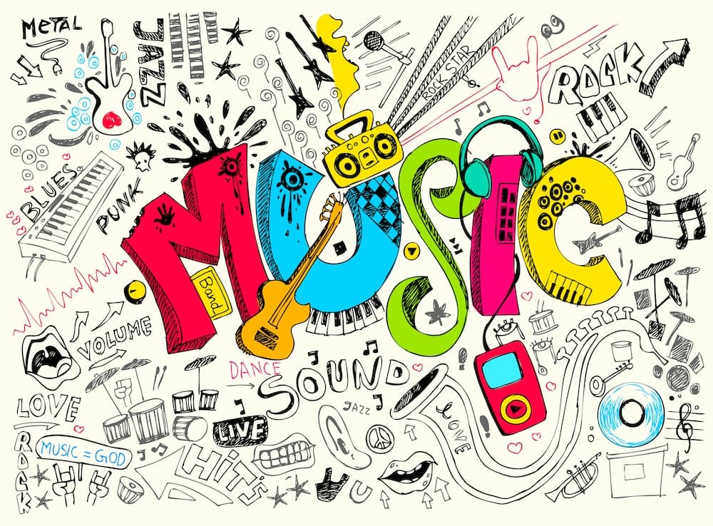 Colorful doodle of the word “music” surrounded by instruments, headphones and musical notes