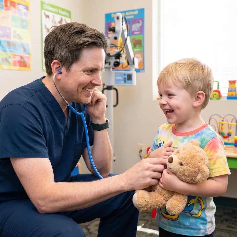 Dr. Ruffin listening with a stethoscope as a laughing boy holds a teddy bear