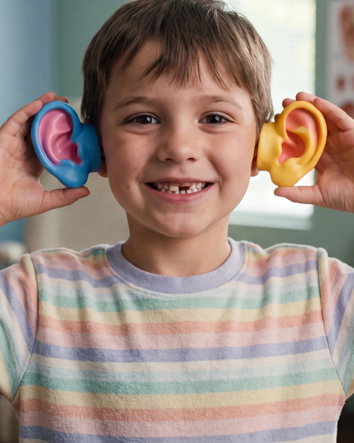 A smiling child holding two model ears up to his own