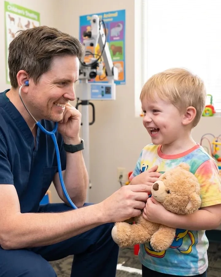 Dr. Ruffin listening to a laughing child's chest with a stethoscope