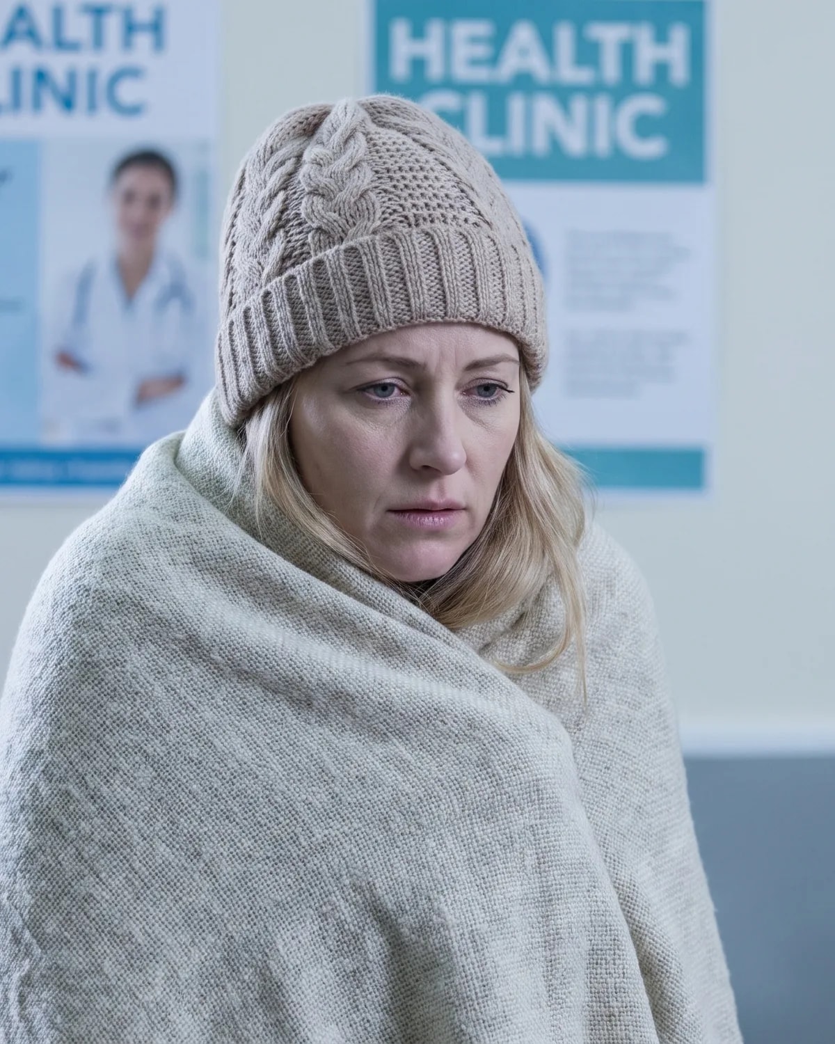 A woman wrapped in a blanket waiting in a clinic